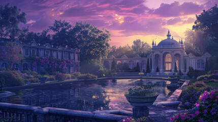 Digital Painting of a serene Baroque architecture garden at twilight, infused with a magical...