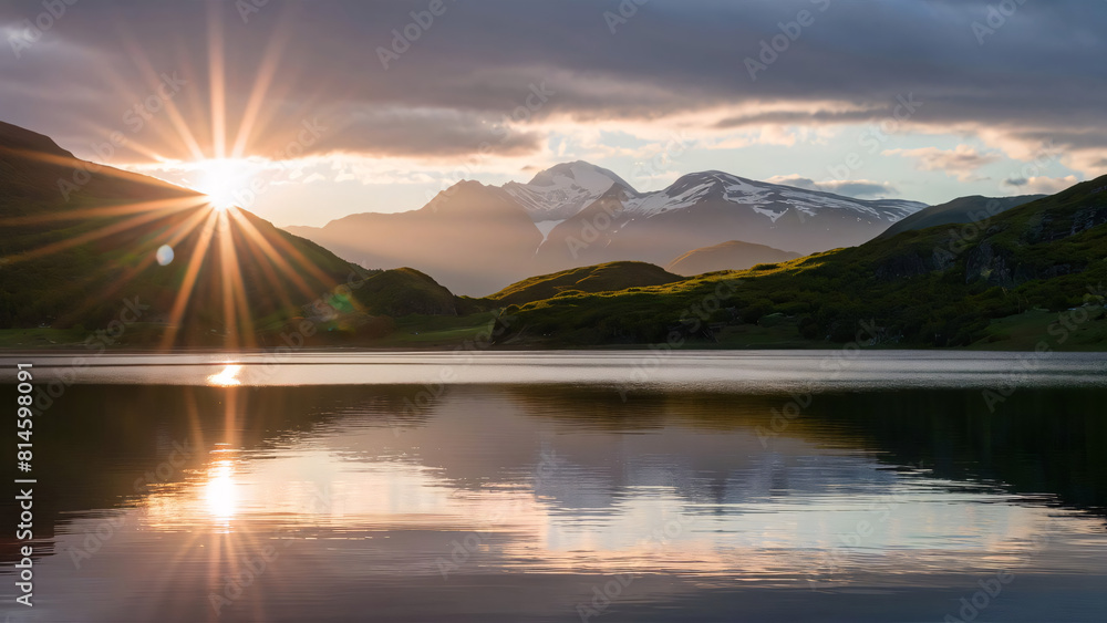 Wall mural Mountain sunrise over the lake, landscape background wallpaper