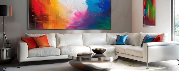 A modern living room with an artistic flair, featuring a large abstract painting in vibrant colors, a contemporary white leather sofa, and a minimalist metallic coffee table