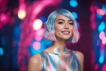 Fototapeta premium High Fashion model girl in colorful bright neon lights on colourful vivid background