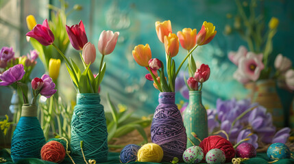 Fresh tulips handmade yarn wrapped bottles