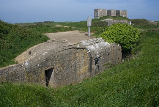 Fecamp, France - May 10, 2024: German bunker complex of two radar installations of the type Mammut and Wurzburg Riese in Fecamp during Second World War. Sunny spring day. Selective focus
