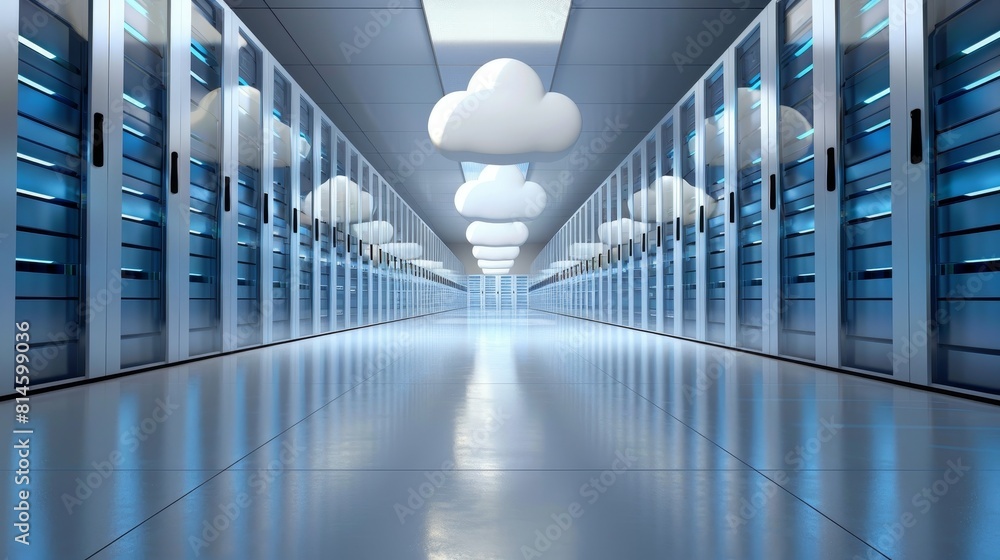 Poster a cloud storage system illustrated as clouds holding data files, with a focus on data security