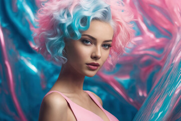 High Fashion model girl in colorful bright neon lights on colourful vivid background