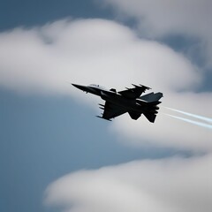 Portrait of Military Fighter Jet Flying High Above the Clouds. War and Air Force.