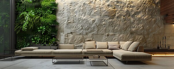 A modern living room with minimalist design, featuring a textured stone wall, a low beige suede sofa, and a minimalist iron coffee table