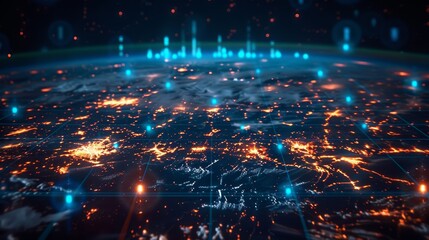 Fototapeta premium A digital world map with glowing lines representing global communication channels