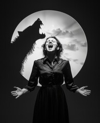 A portrait of a woman screaming and in the background a large moon with the shadow of a howling wolf.