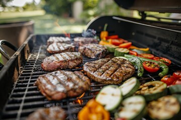 Close-up of delicious grilled meats and vegetables cooking on a BBQ grill at a backyard party, enticing guests.