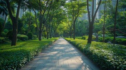 Obraz premium A green corridor running through the city, providing a tranquil pathway for pedestrians