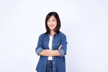 Asian woman is wearing denim against a white background.