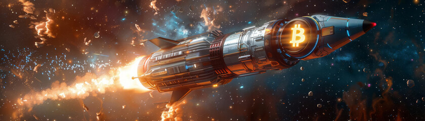Futuristic rocket soaring through space, displaying a bright Bitcoin logo on its digital screen