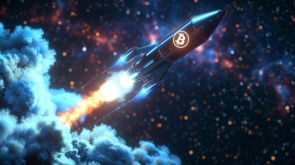 Animated rocket with a vibrant screen showcasing the Bitcoin logo as it prepares for interstellar travel