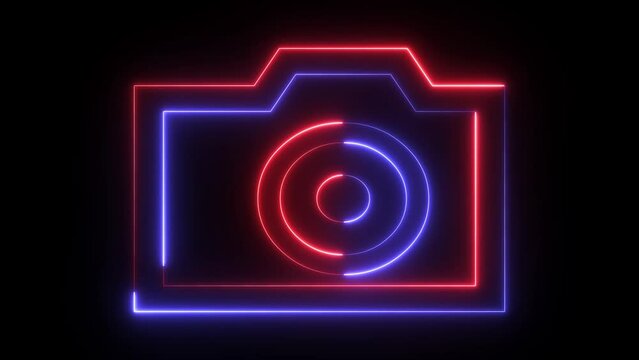 Glowing neon camera icon animated background. Abstract symbol icon of dslr camera