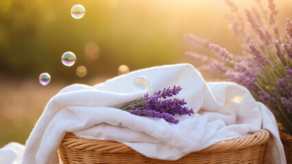 A basket with clean white laundry and soap bubbles on a blurred background with lavender flowers....