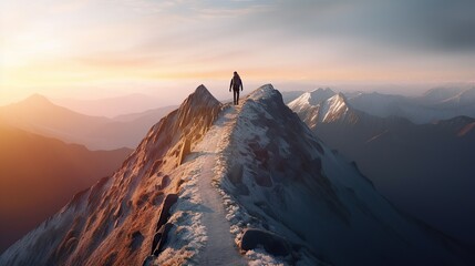 Hiking up mountain peak at sunrise success achieved generate ai