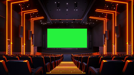 Green screen in Luxury Cinema interior with golden theme. Video editor purpose. - Powered by Adobe