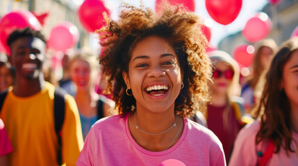 A woman with a pink shirt and a smile on her face is surrounded by a group of people. A joyful woman surrounded by friends raising funds at a breast cancer fundraising walk empty space for text - Powered by Adobe