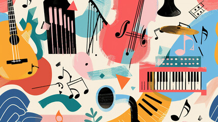 Contemporary art collage. Musical instruments on light background with abstract design elements. Concept of music lifestyle, creativity, inspiration
