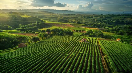Fototapeta premium An aerial view of a sustainable farm practicing organic agriculture, surrounded by fields of crops