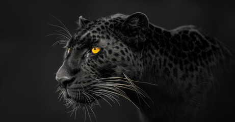 Striking close-up image of a black leopard with intense yellow eyes, showcasing the animal's detailed fur texture and powerful demeanor against a dark, subdued background