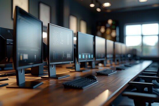 A row of computer monitors are on a desk in a room