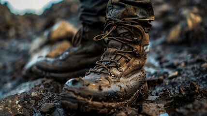 Close up shot of dirty leather boots on mud .