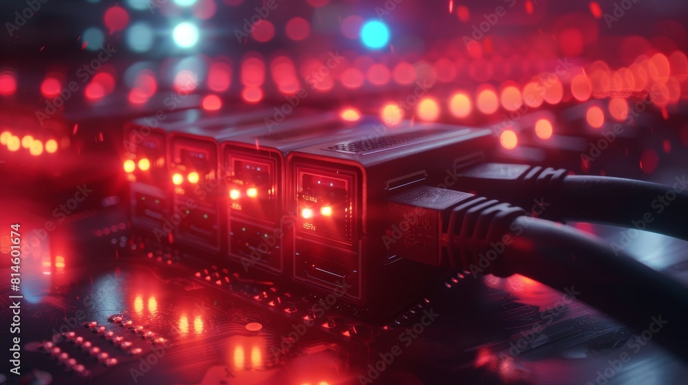 Poster close-up of network cables plugged into a router, with blinking lights indicating data transfer