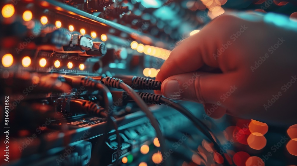 Poster close-up of network cables being plugged into a switch, with a hand connecting them