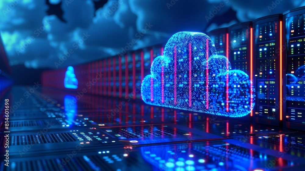 Poster cloud computing depicted as a cloud-shaped server farm, with data flowing into and out of the cloud