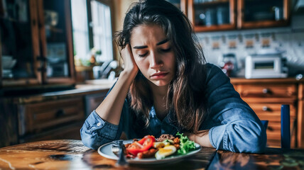 Depressed young woman with eating disorders , worried about her shape ,Nutrition problems .