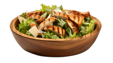 A Caesar salad with grilled chicken strips and a transparent background.