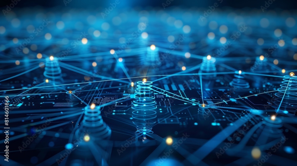 Poster digital devices connected in a network, with data flowing between them