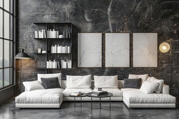 Living room interior in loft, industrial style, white cozy sofa with cushions, black book shelf with lamp, empty posters on wooden furniture, grey marble flooring. 3D Rendering