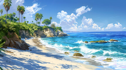 Obraz premium Serene Coastal Landscape with Crashing Azure Waves and Swaying Palm Trees
