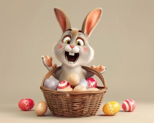 Excited Easter Bunny with Colorful Eggs