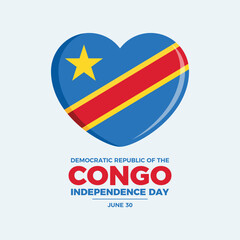 Congo Independence Day poster vector illustration. Congolese flag in heart shape icon. Flag of the Democratic Republic of the Congo symbol. Template for background, banner, card. June 30