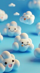 Happy Cloud Characters Floating in Blue Sky