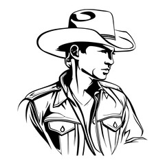 Vector drawing of a cowboy wearing a hat on a white background
