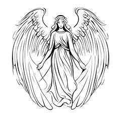 Black and white vector illustration of an angel with wings