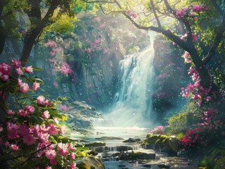 Enchanted Forest Waterfall with Blooming Flowers