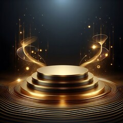 minimalist black gold podium platform for product presentation with abstract golden neon decoration
