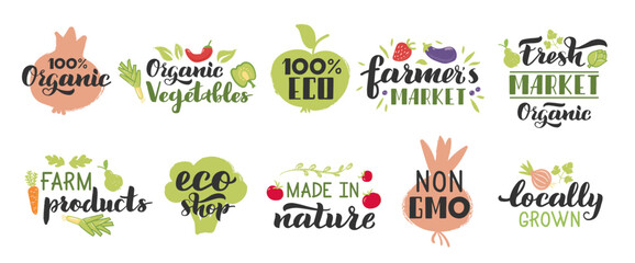 Organic fruits and veggies labels. Vegetarian fruits, vegetables lettering badges. Fresh ecological products