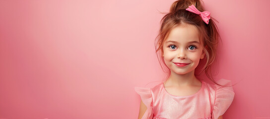 A young girl in a pink dress with a pink bow in her hair. She is smiling and looking at the camera. a little cute smiling stylish girl with big eyes in a pink dress with a shiny skirt