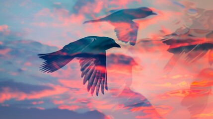 Creative Double Exposure: Bird in Flight against Vibrant Sky