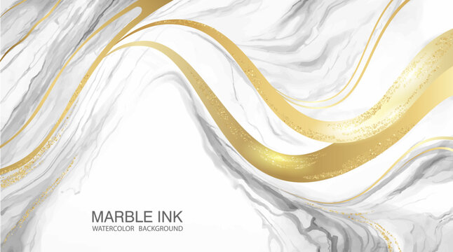 Artistic abstract watercolor banner with golden wavy line. Artistic luxury golden gray background