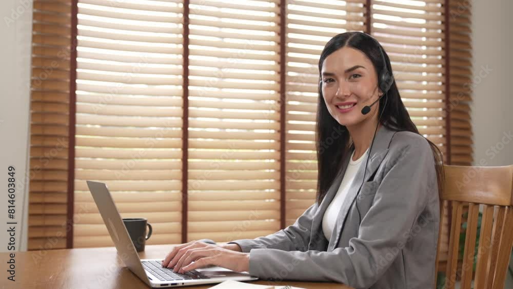 Aufkleber female call center operator or customer service helpdesk staff working on workspace while talking on