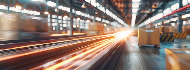 3D rendering of a blurred background showing an experimental warehouse with fast moving boxes on a conveyor belt in motion blur