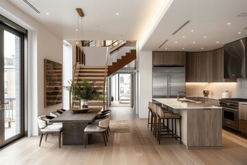 Luxury Home Interior With Staircase, Refrigerator And Dining Table 