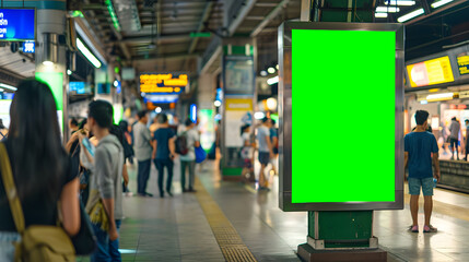 Fototapeta premium Vertical Green Billboard Attracts Crowds at Thailand Train Station on Sunny Summer Day